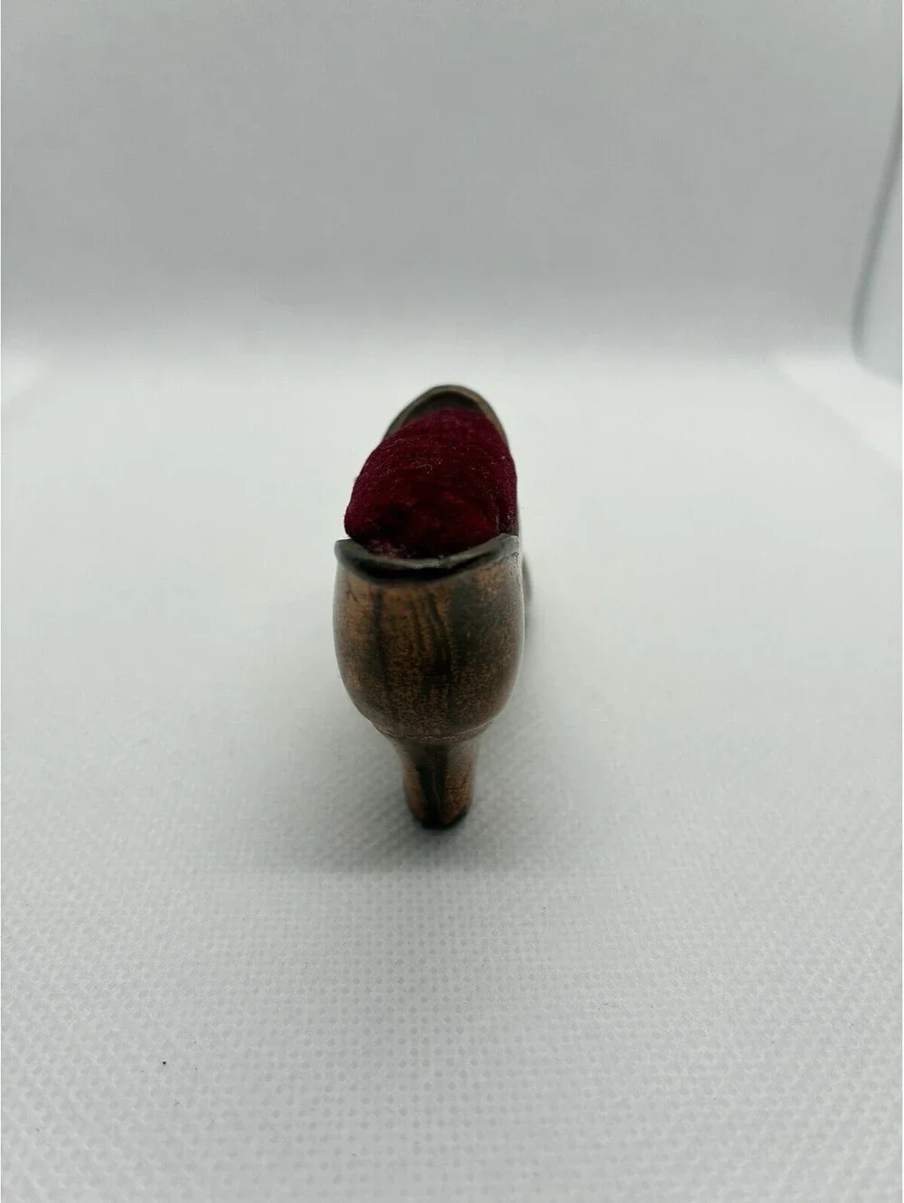 Antique Victorian Cast Metal High Heel Shoe Pin Cushion Red Velvet Bronze Finish